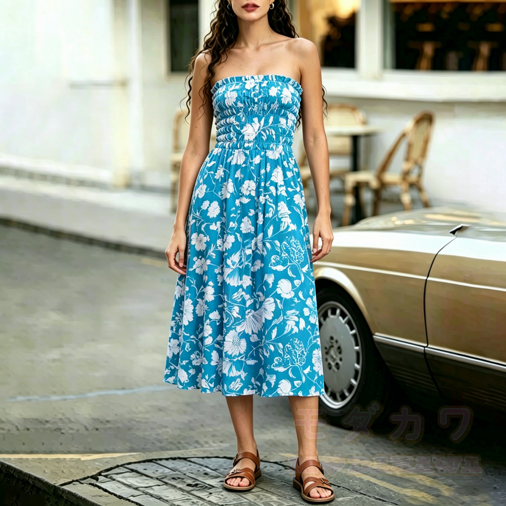 2-in-1-Kleid in Blau mit Blumenmuster, gerafft und trägerlos – trägerloses Midikleid - image 2