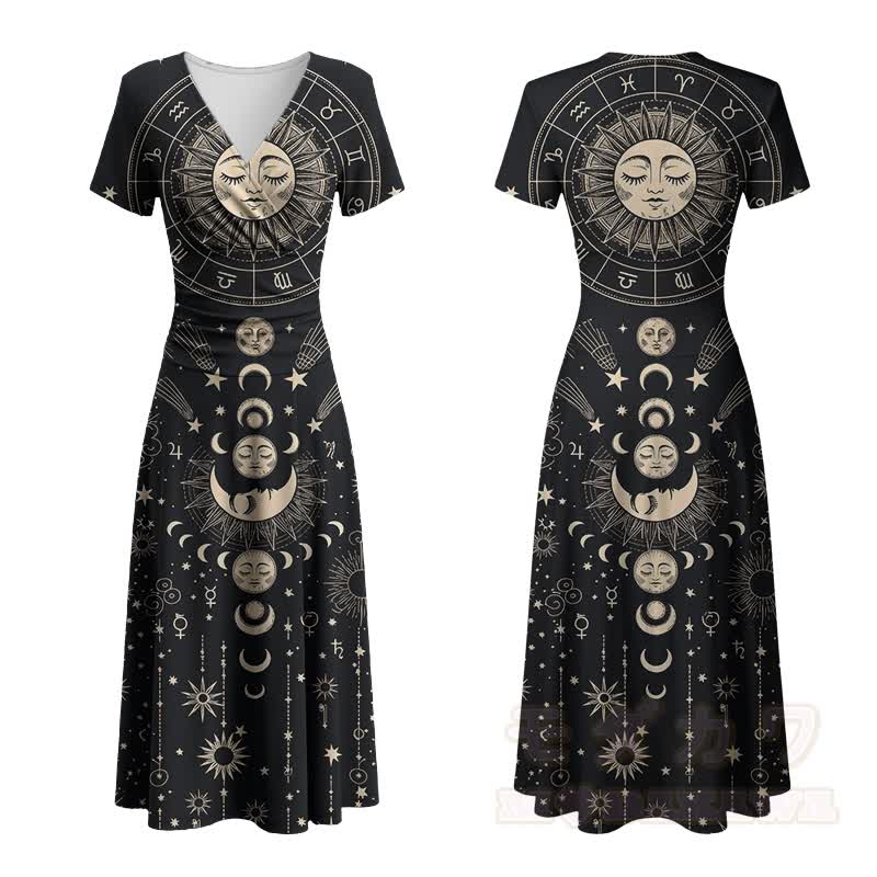 Modakawa Maxikleid mit himmlischem Sonnen- und Mond-Sternzeichen-Motiv und V-Ausschnitt - Schwarz - 4XL - image 2