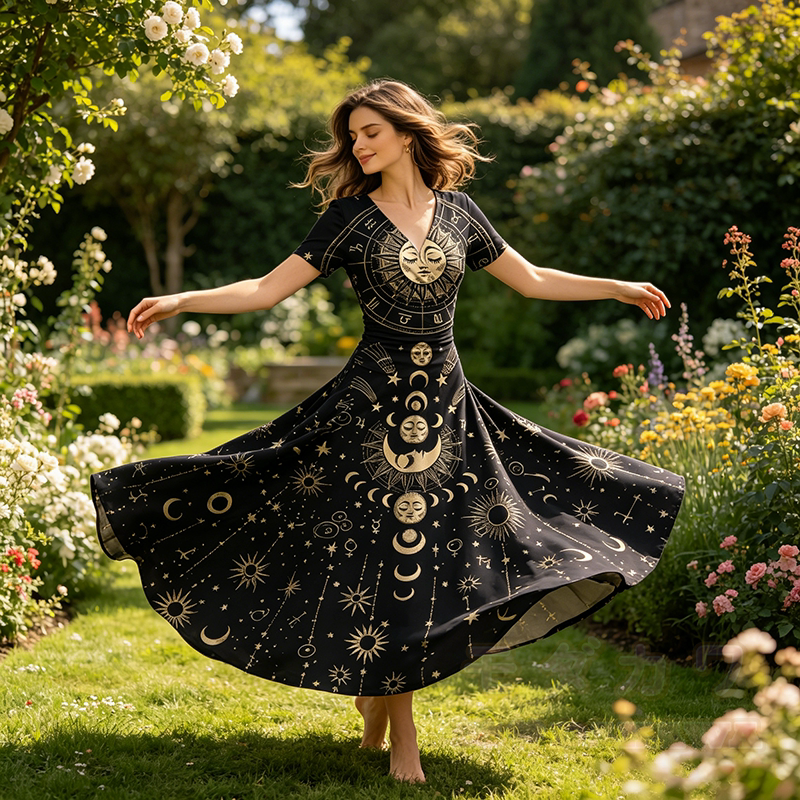 Modakawa Maxikleid mit himmlischem Sonnen- und Mond-Sternzeichen-Motiv und V-Ausschnitt - image 1