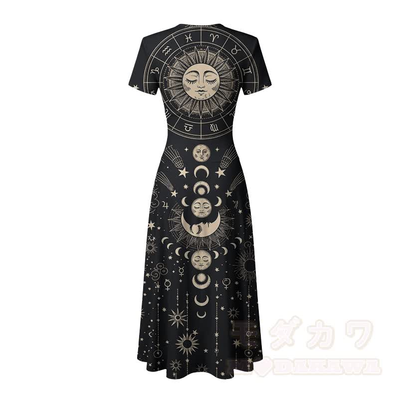 Modakawa Maxikleid mit himmlischem Sonnen- und Mond-Sternzeichen-Motiv und V-Ausschnitt - image 4