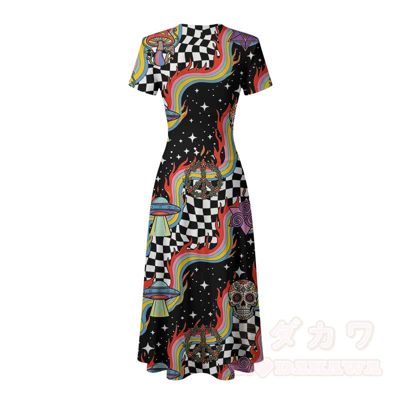 Retro-Maxikleid mit kosmischem Regenbogen-Totenkopf-Modakawa-Muster und V-Ausschnitt - image 4