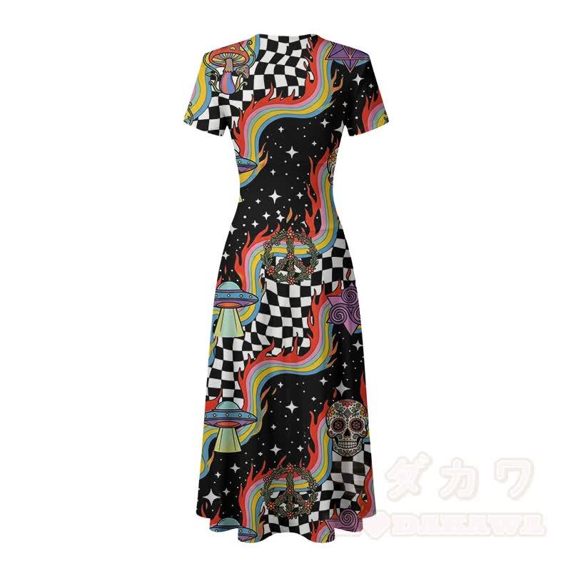 Retro-Maxikleid mit kosmischem Regenbogen-Totenkopf-Modakawa-Muster und V-Ausschnitt - image 4