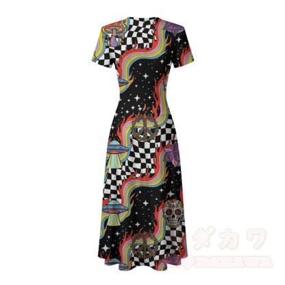 Retro-Maxikleid mit kosmischem Regenbogen-Totenkopf-Modakawa-Muster und V-Ausschnitt - image 4