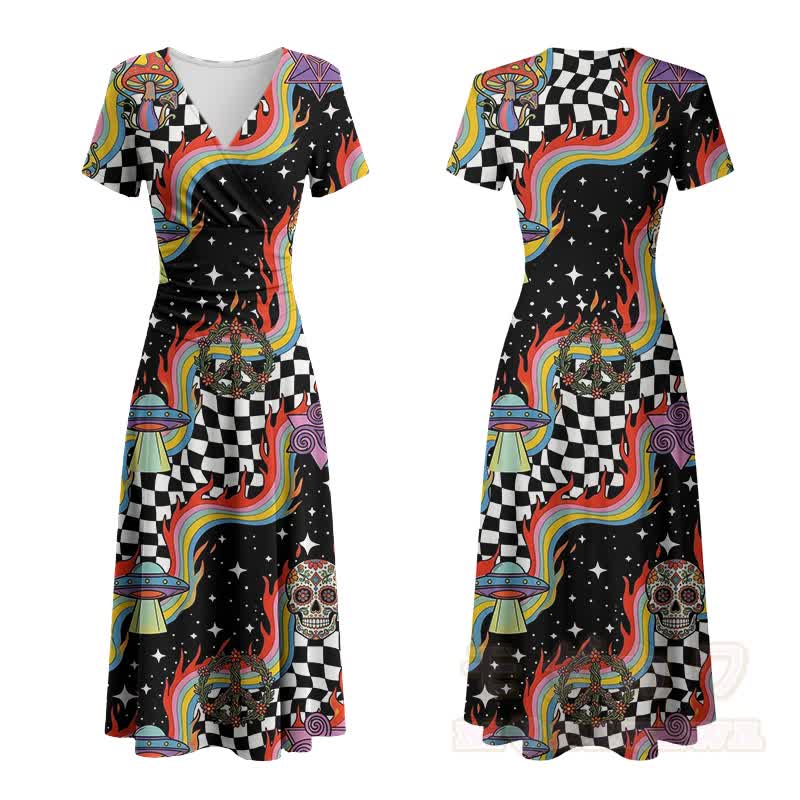 Retro-Maxikleid mit kosmischem Regenbogen-Totenkopf-Modakawa-Muster und V-Ausschnitt - Mehrfarbig - 4XL - image 2