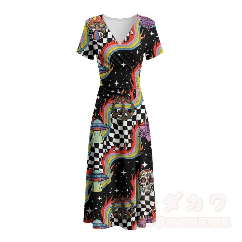Retro-Maxikleid mit kosmischem Regenbogen-Totenkopf-Modakawa-Muster und V-Ausschnitt - image 3