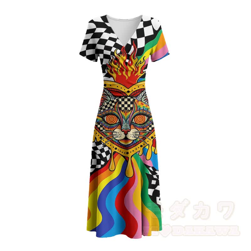 Psychedelisches Regenbogenkatzen-Schachbrettmuster Modakawa V-Ausschnitt Maxikleid - image 3