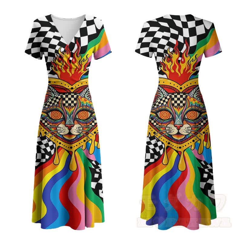 Psychedelisches Regenbogenkatzen-Schachbrettmuster Modakawa V-Ausschnitt Maxikleid - Mehrfarbig - 4XL - image 2