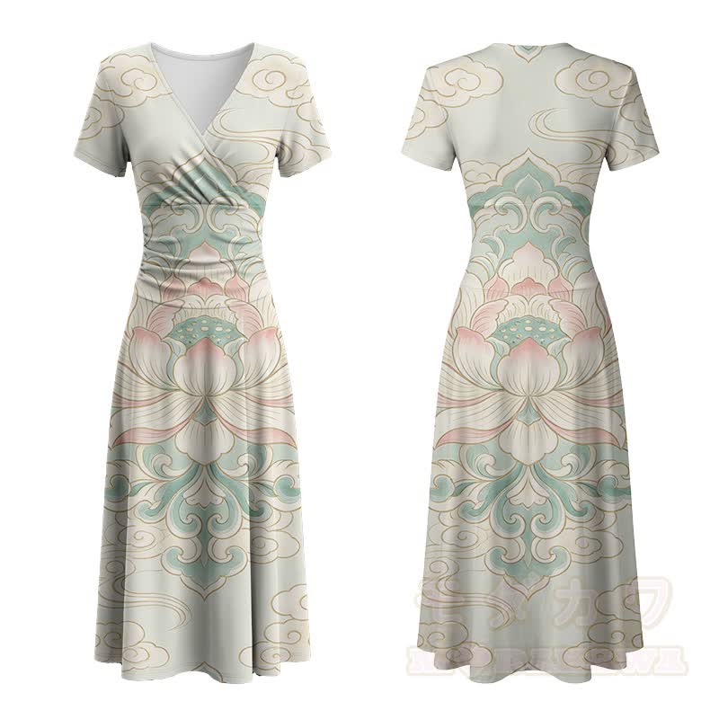Lotus Cloud Graphic Modakawa V-Ausschnitt Maxikleid - Grün - 4XL - image 2