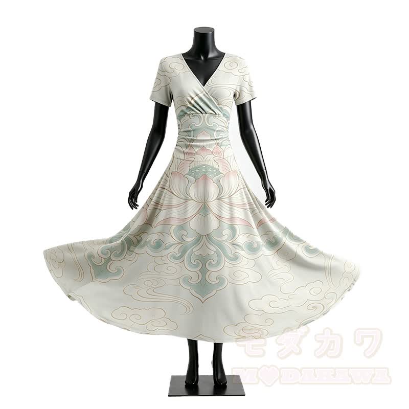 Lotus Cloud Graphic Modakawa V-Ausschnitt Maxikleid - image 1