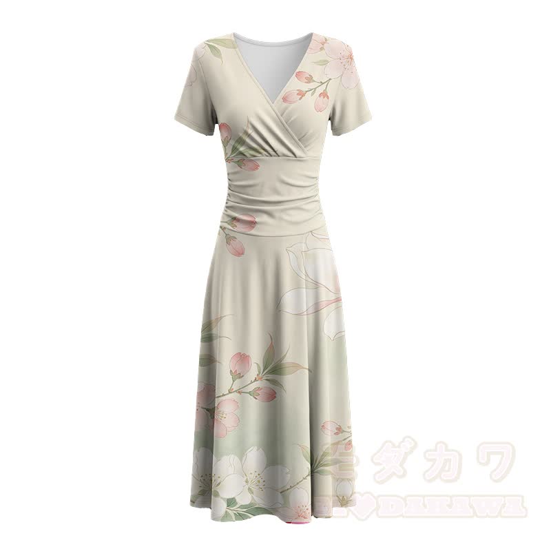 Modakawa Maxikleid mit Kirschblütenmuster und V-Ausschnitt - image 3