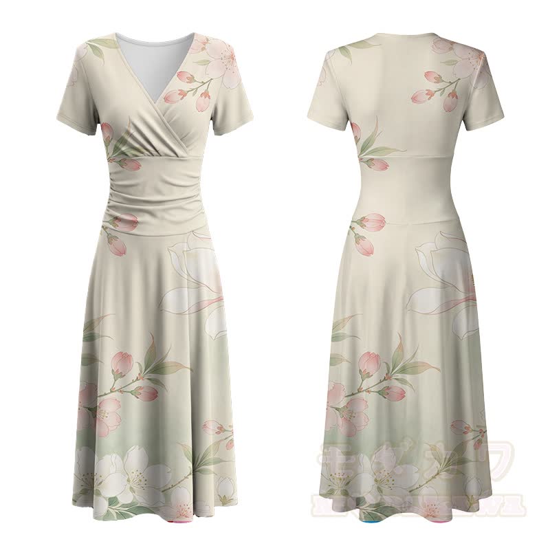 Modakawa Maxikleid mit Kirschblütenmuster und V-Ausschnitt - Beige - 4XL - image 2