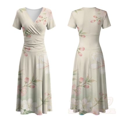 Modakawa Maxikleid mit Kirschblütenmuster und V-Ausschnitt - Beige - 4XL - image 2