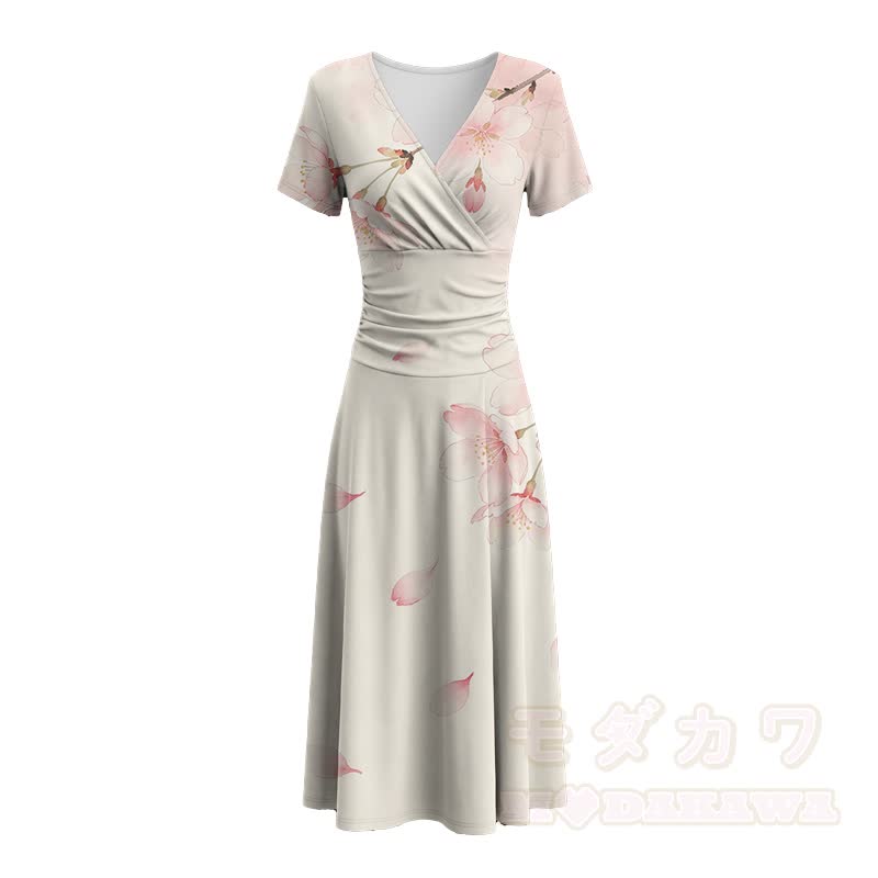 Modakawa Maxikleid mit weichem Sakura-Blumenmuster und V-Ausschnitt - image 3
