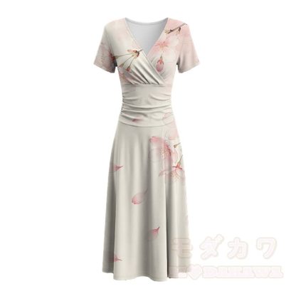 Modakawa Maxikleid mit weichem Sakura-Blumenmuster und V-Ausschnitt - image 3