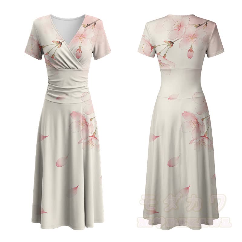 Modakawa Maxikleid mit weichem Sakura-Blumenmuster und V-Ausschnitt - Beige - 4XL - image 2