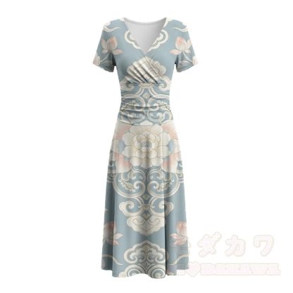 Elegantes orientalisches Maxikleid mit Lotus- und Wolkenmuster, Modakawa-Motiv und V-Ausschnitt - image 3