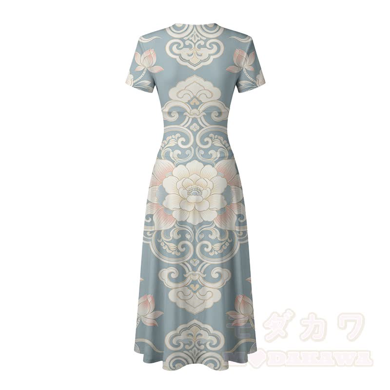Elegantes orientalisches Maxikleid mit Lotus- und Wolkenmuster, Modakawa-Motiv und V-Ausschnitt - image 4
