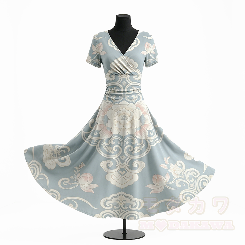 Elegantes orientalisches Maxikleid mit Lotus- und Wolkenmuster, Modakawa-Motiv und V-Ausschnitt - image 1