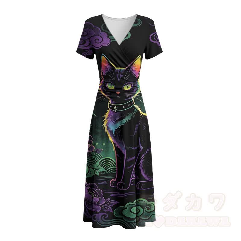 Modakawa Maxikleid mit schwarzem Katzenmotiv und V-Ausschnitt - image 3