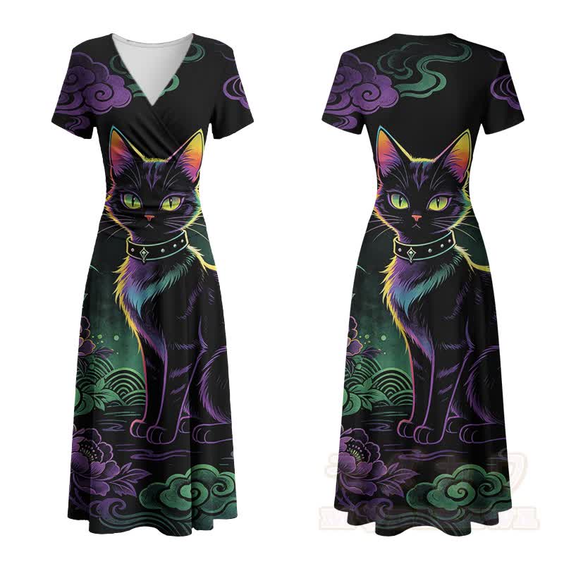 Modakawa Maxikleid mit schwarzem Katzenmotiv und V-Ausschnitt - Schwarz - 4XL - image 2