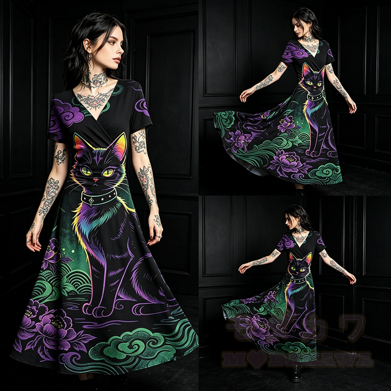 Modakawa Maxikleid mit schwarzem Katzenmotiv und V-Ausschnitt - image 1