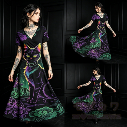 Modakawa Maxikleid mit schwarzem Katzenmotiv und V-Ausschnitt - image 1