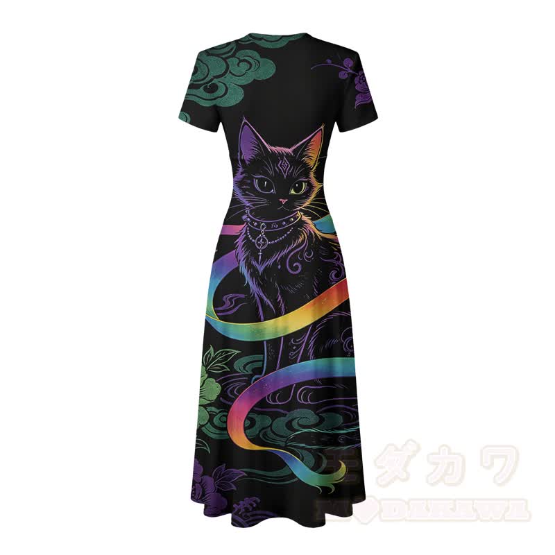 Modakawa Maxikleid mit Regenbogen- und schwarzem Katzenmotiv und V-Ausschnitt - image 4