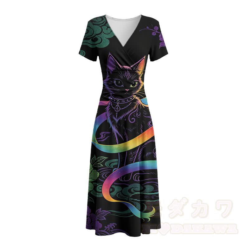 Modakawa Maxikleid mit Regenbogen- und schwarzem Katzenmotiv und V-Ausschnitt - image 3