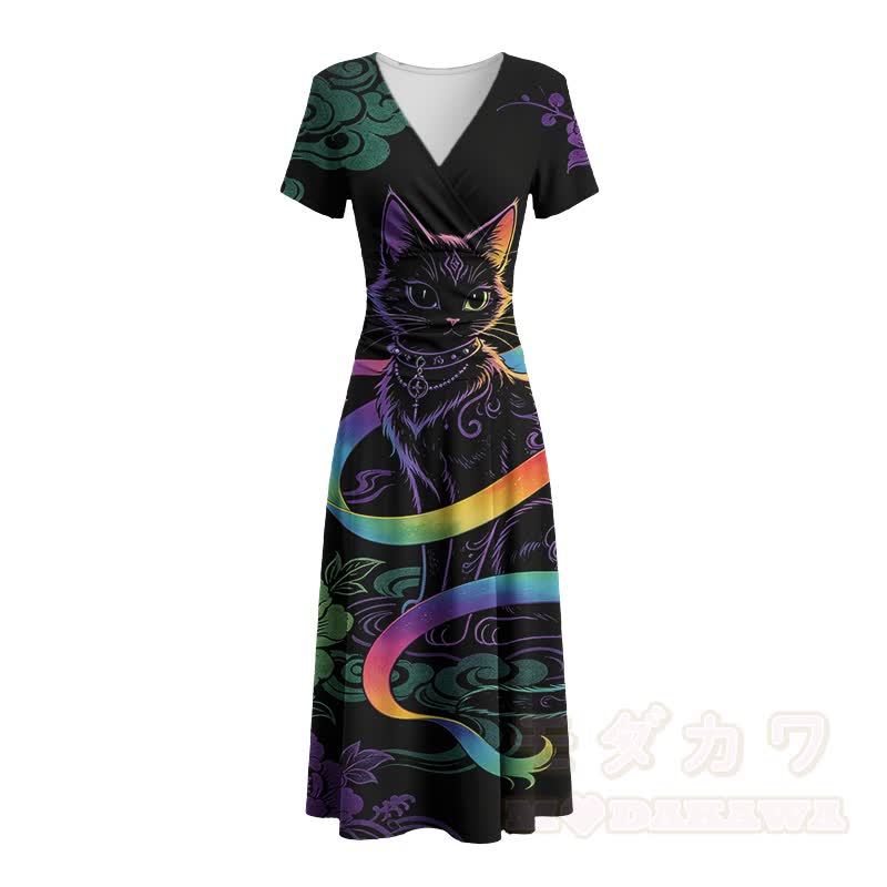 Modakawa Maxikleid mit Regenbogen- und schwarzem Katzenmotiv und V-Ausschnitt - image 3