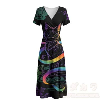 Modakawa Maxikleid mit Regenbogen- und schwarzem Katzenmotiv und V-Ausschnitt - image 3