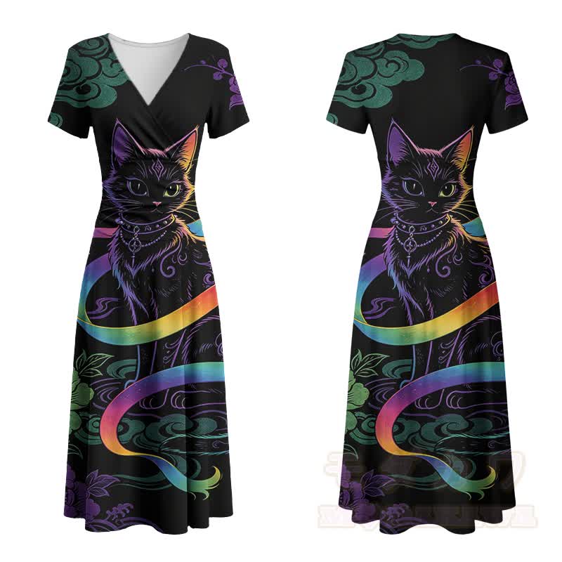 Modakawa Maxikleid mit Regenbogen- und schwarzem Katzenmotiv und V-Ausschnitt - Schwarz - 4XL - image 2