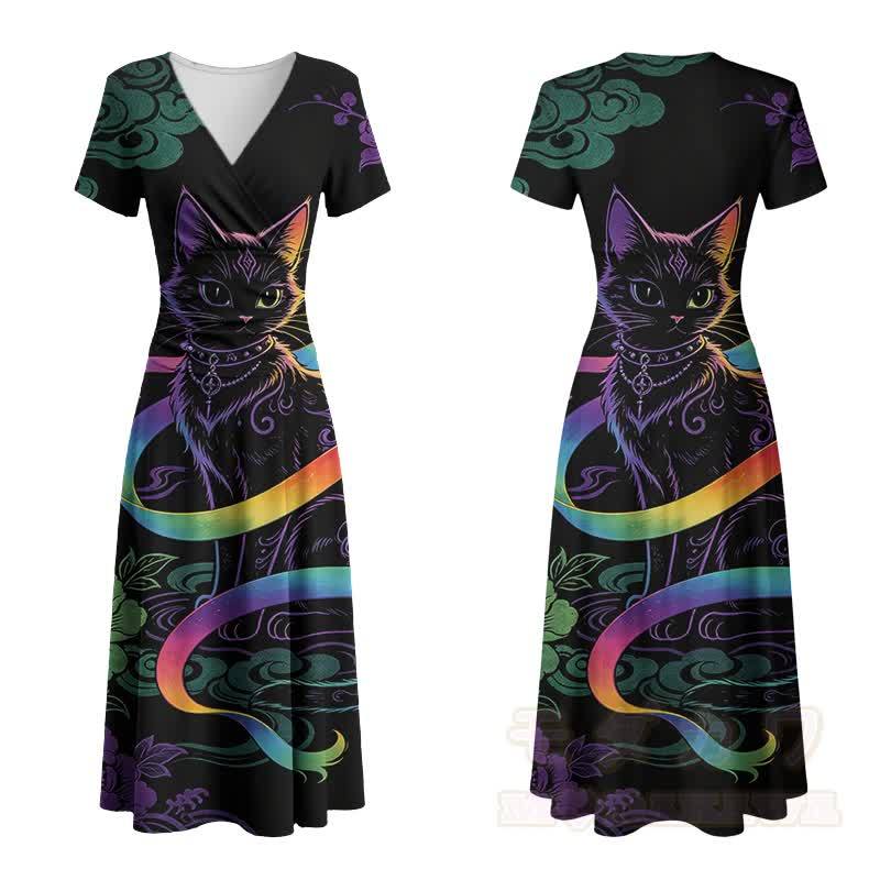 Modakawa Maxikleid mit Regenbogen- und schwarzem Katzenmotiv und V-Ausschnitt - Schwarz - 4XL - image 2