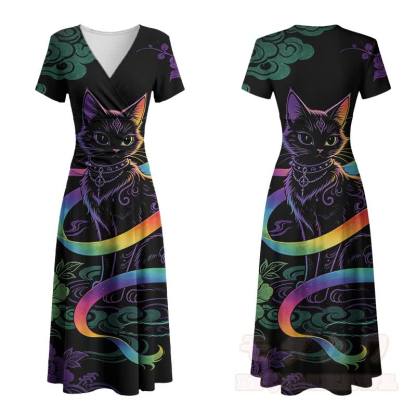 Modakawa Maxikleid mit Regenbogen- und schwarzem Katzenmotiv und V-Ausschnitt - Schwarz - 4XL - image 2