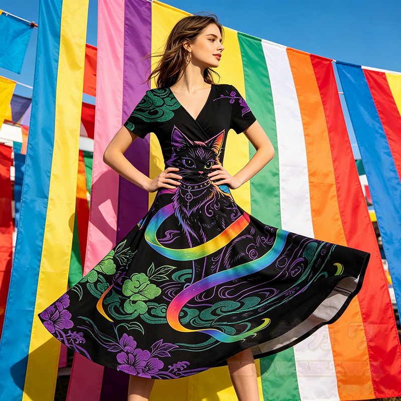 Modakawa Maxikleid mit Regenbogen- und schwarzem Katzenmotiv und V-Ausschnitt - image 1