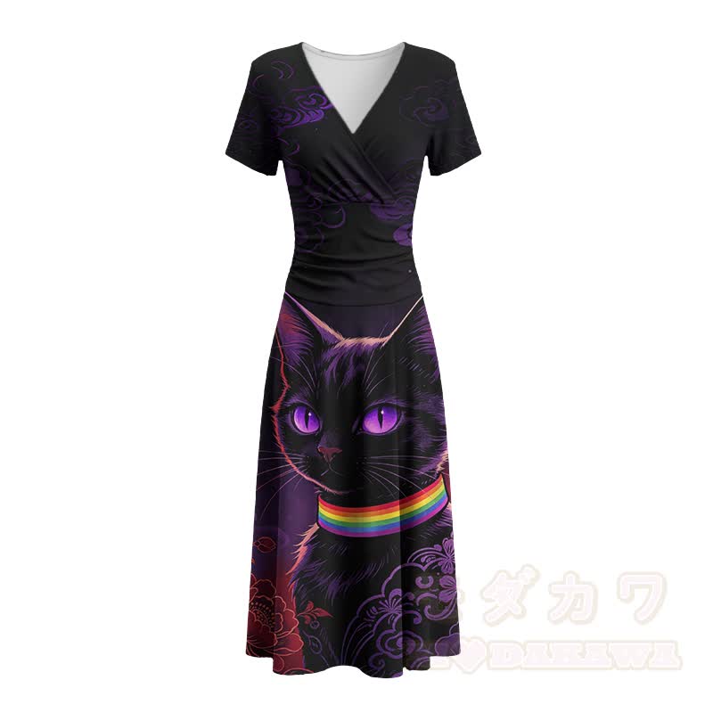 Modakawa Maxikleid mit schwarzem Katzenmotiv, Regenbogenkragen und V-Ausschnitt - image 3