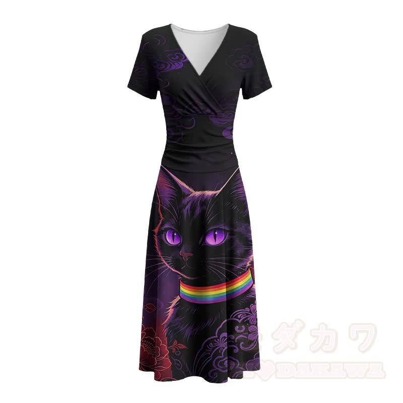 Modakawa Maxikleid mit schwarzem Katzenmotiv, Regenbogenkragen und V-Ausschnitt - image 3