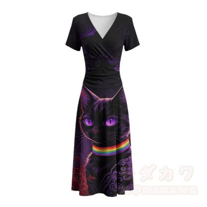Modakawa Maxikleid mit schwarzem Katzenmotiv, Regenbogenkragen und V-Ausschnitt - image 3