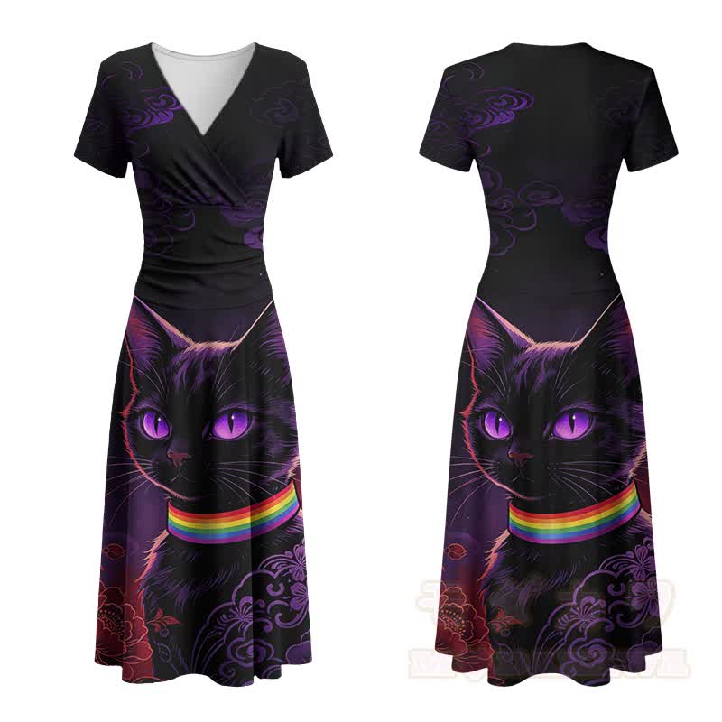 Modakawa Maxikleid mit schwarzem Katzenmotiv, Regenbogenkragen und V-Ausschnitt - Schwarz - 4XL - image 2