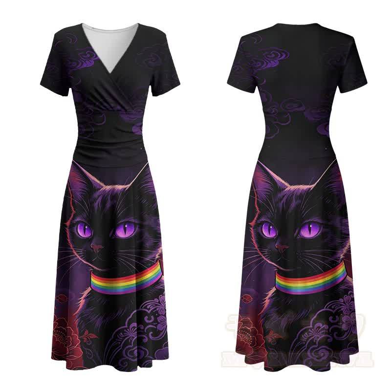 Modakawa Maxikleid mit schwarzem Katzenmotiv, Regenbogenkragen und V-Ausschnitt - Schwarz - 4XL - image 2