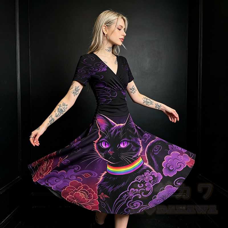 Modakawa Maxikleid mit schwarzem Katzenmotiv, Regenbogenkragen und V-Ausschnitt - image 1