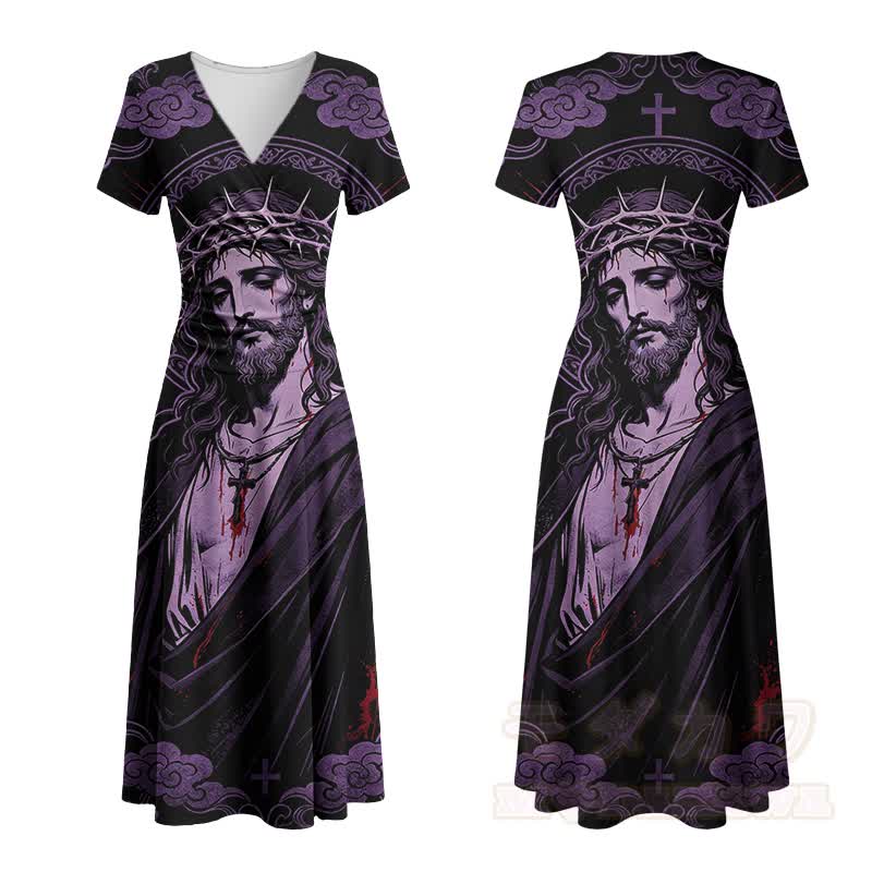 Modakawa Maxikleid mit gotischem Dornenkronen-Motiv und V-Ausschnitt - Lila - 4XL - image 2