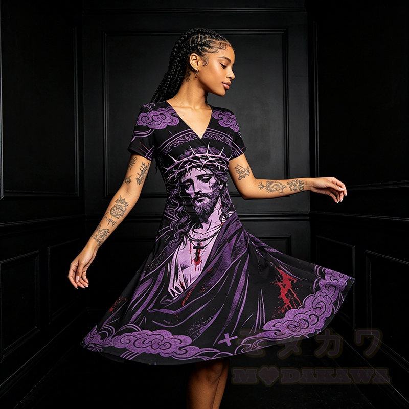 Modakawa Maxikleid mit gotischem Dornenkronen-Motiv und V-Ausschnitt - image 1