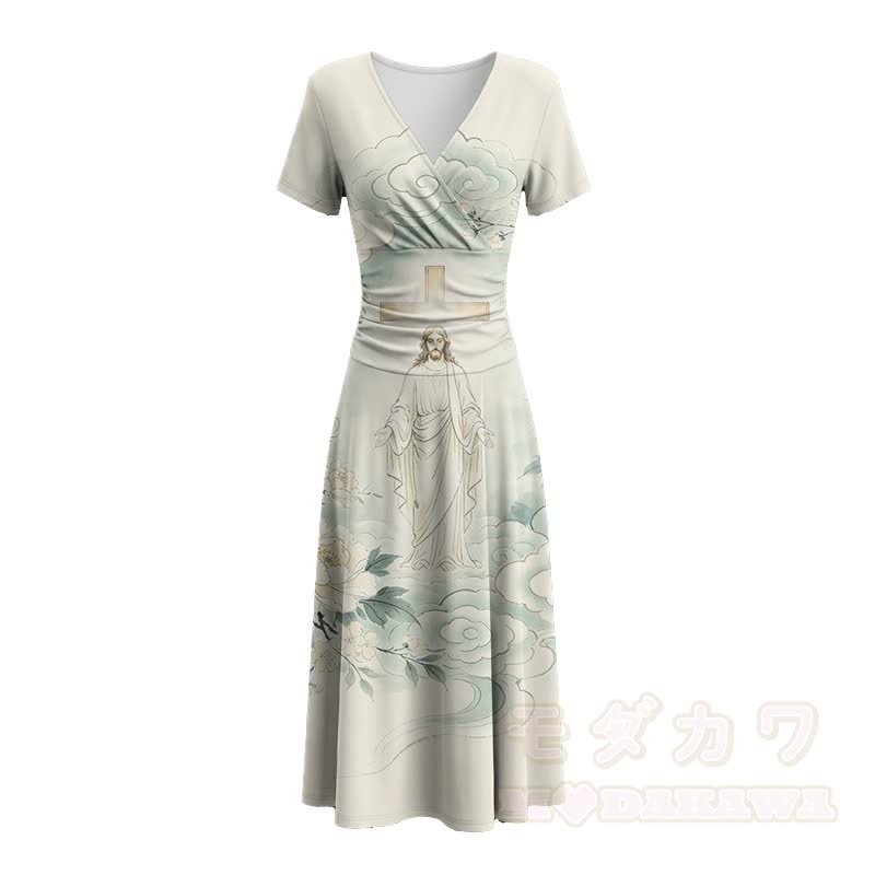 Vintage Modakawa Maxikleid mit Kreuz- und Wolkenmuster und V-Ausschnitt - image 3