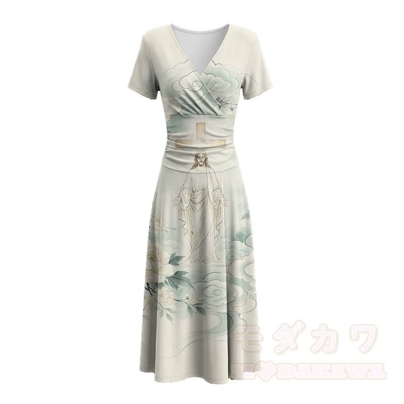 Vintage Modakawa Maxikleid mit Kreuz- und Wolkenmuster und V-Ausschnitt - image 3