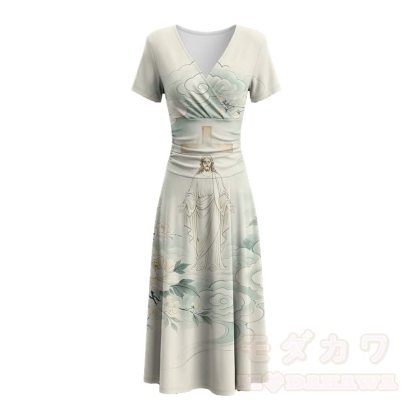 Vintage Modakawa Maxikleid mit Kreuz- und Wolkenmuster und V-Ausschnitt - image 3