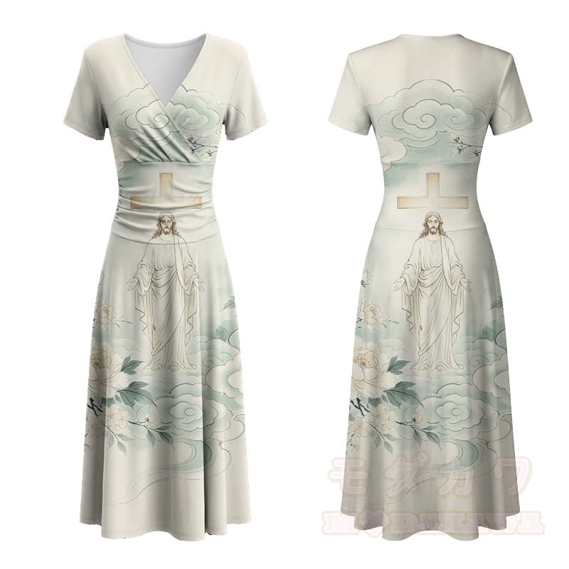 Vintage Modakawa Maxikleid mit Kreuz- und Wolkenmuster und V-Ausschnitt - Grün - 4XL - image 2