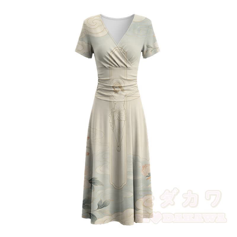 Vintage Figure Cross Graphic Modakawa V-neck Maxi Dress - image 3