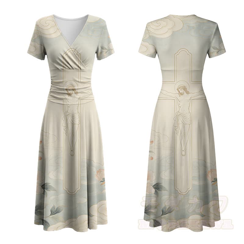Vintage Figure Cross Graphic Modakawa V-neck Maxi Dress - Mehrfarbig - 4XL - image 2