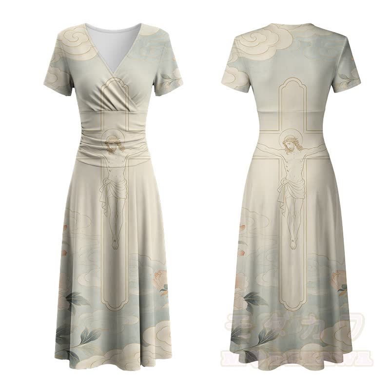 Vintage Figure Cross Graphic Modakawa V-neck Maxi Dress - Mehrfarbig - 4XL - image 2