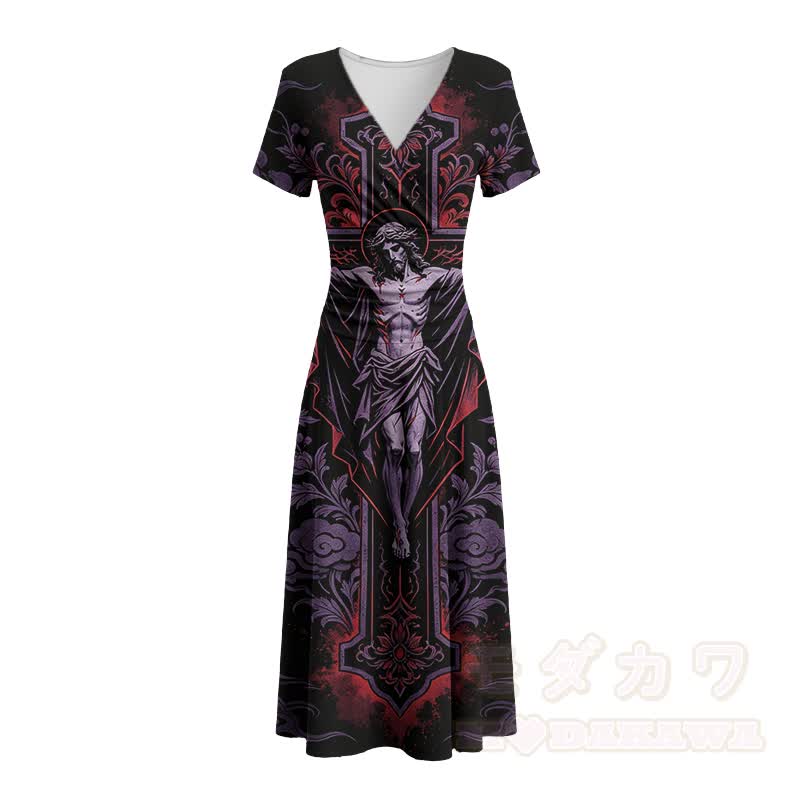 Modakawa Maxikleid mit gotischem Figurenkreuz-Motiv und V-Ausschnitt - image 3